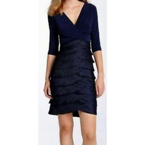 Adrianna Papell Navy Blue 3/4 Sleeve Tiered Sheath Cocktail Party Dress